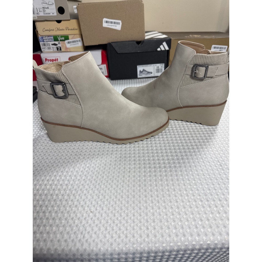 LifeStride Ankle Boots Womens 11W Zayne Taupe Wedge Buckle Side Zip NWOB